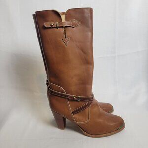 Vintage 80s ZODIAC Women's Brown Leather Tall Heeled Boots Size 10 Boho Hippie